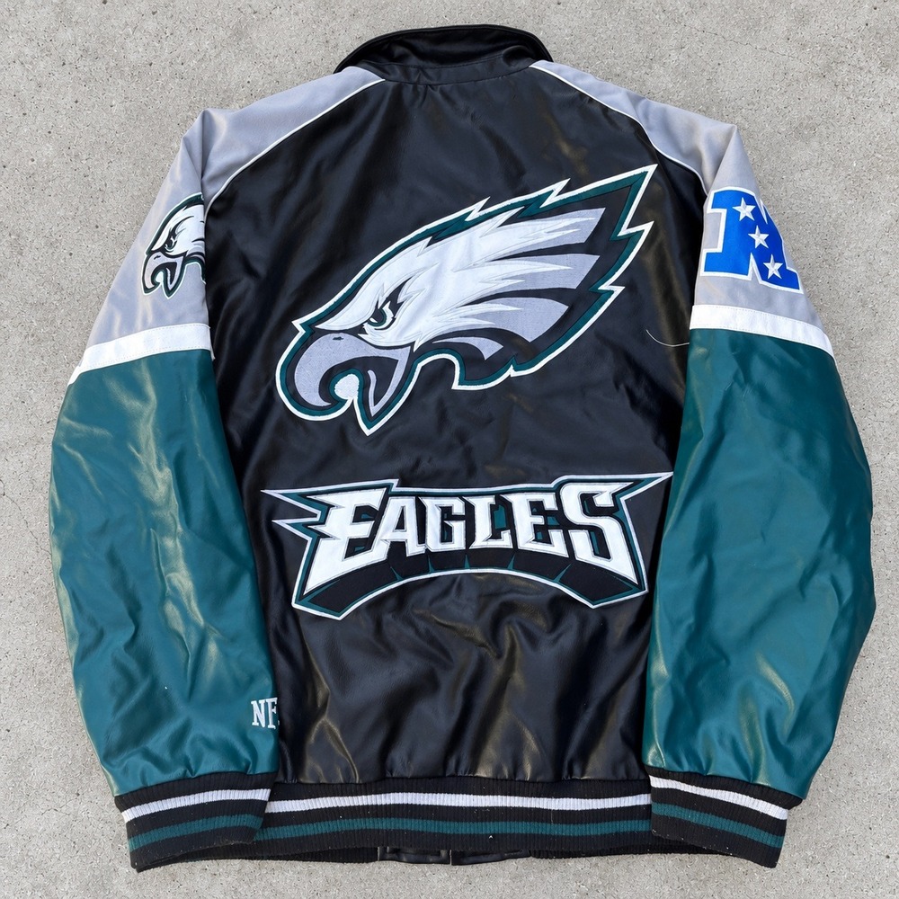 NFL Philadelphia Eagles Faux Leather Varsity Jacket Mens XXL Black Green Zip Up